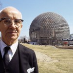 Buckminster FULLER before his geode dome at Montreal World Fair.